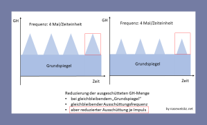 Grafik: je Menge an GH je Puls ist bei SDU verringert, da Dauer und Höhe der Impulse reduziert sind.Schematische Darstellung der Veränderungen der pulsierenden Ausschüttung von GH bei SDU