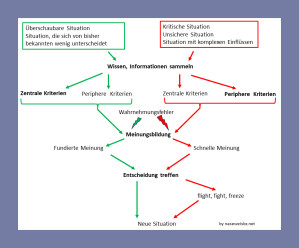 Schaubild: Je nach Situation werden verschiedene Wege der Informationsbeschaffung, Meinungsbildung und Entscheidungsfindung herangezogen. Entscheidungen basieren auf Meinungen, die wiederum Wissen voraussetzen. In vielen Situationen greift der Mensch auf vereinfachende Informationsbeschaffung zurück, die lediglich periphere Punkte berücksichtigen. Wahrnehmungsfehler beeinflussen die Meinungsbildung. Entscheidungen sind daher oft nicht fundiert. Bei komplexen Themen können Entscheidungen von Angstreaktionen (flight, fight, freeze) dominiert werden.